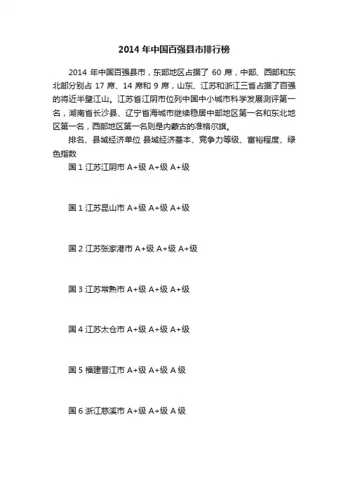 2014年中国百强县市排行榜