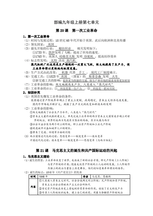 第七单元 工业革命和国际共产主义运动的兴起复习提纲      部编版九年级历史上册 