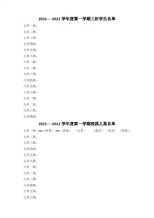 三好学生、优秀学生干部、美德少年、校园之星汇总表模板