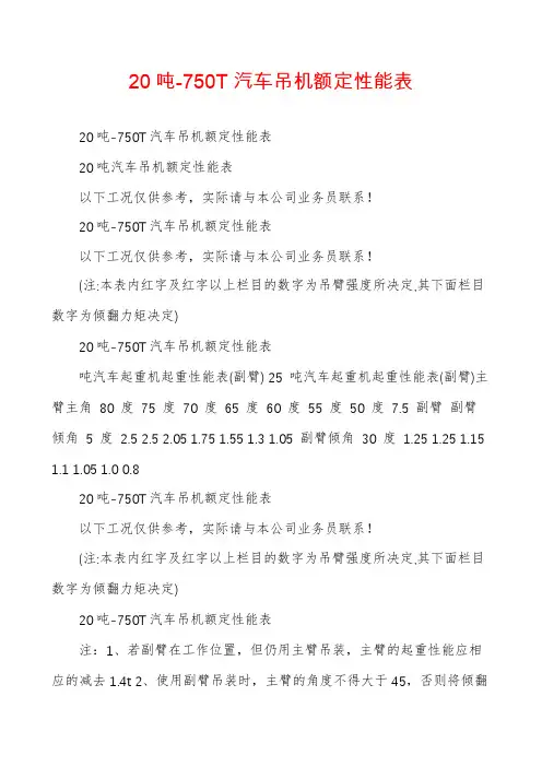 20吨-750T汽车吊机额定性能表