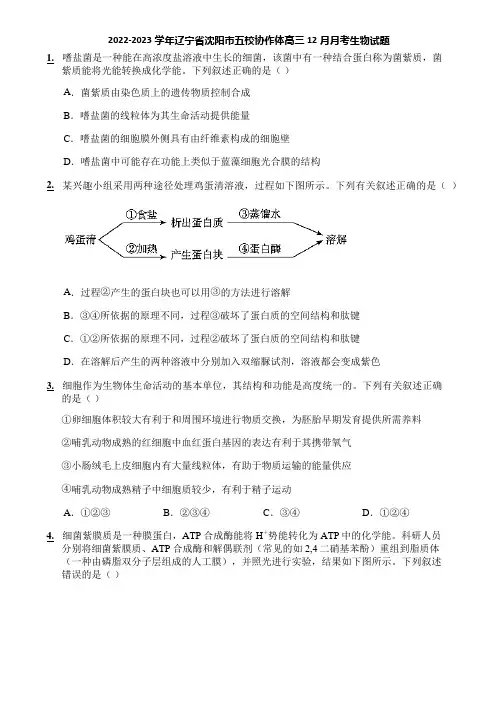 2022-2023学年辽宁省沈阳市五校协作体高三12月月考生物试题