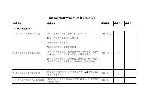 孕妇学校质量管理评价标准(100分)