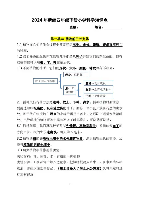 2024年新编四年级下册小学科学知识点