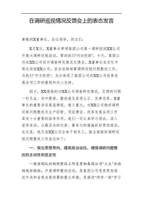 2019年在调研巡视整改问题反馈大会上的表态发言