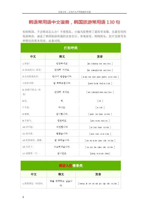 韩语常用语中文谐音韩国旅游常用语130句