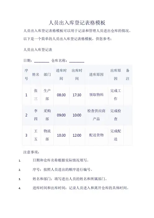 人员出入库登记表格模板