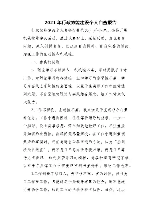 2021年行政效能建设个人自查报告