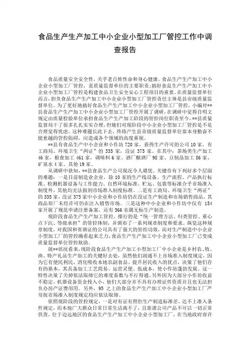 食品生产生产加工中小企业小型加工厂管控工作中调查报告