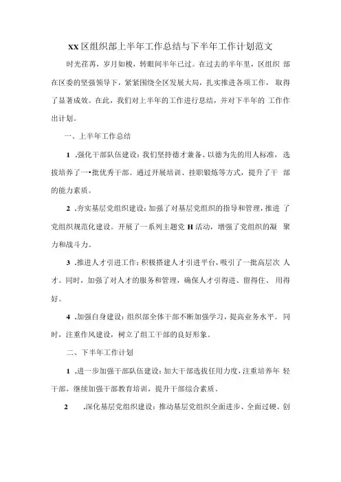 XX区组织部上半年工作总结与下半年工作计划范文.docx