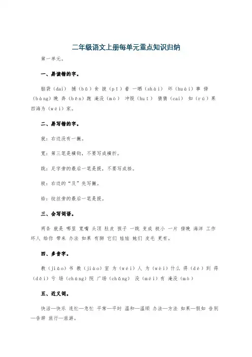 二年级语文上册每单元重点知识归纳