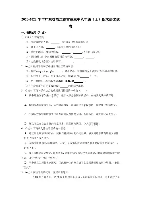 广东省湛江市雷州第三中学2020—2021学年八年级上学期期末考试语文试题