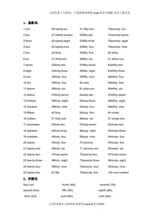1-100的英语基数词、序数词