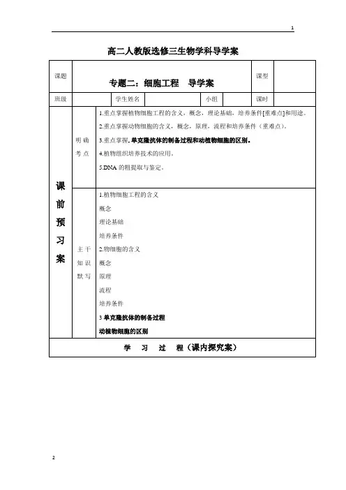 专题02+细胞工程-2018年高二生物人教选修三导学案+Word版含答案