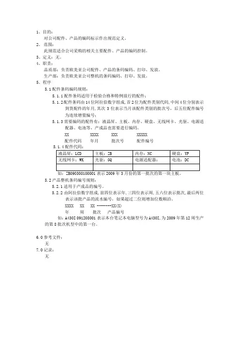 配件及成品条形码编码规范 格式 