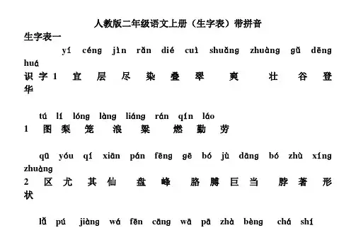 人教版二年级语文上册(生字表)带拼音