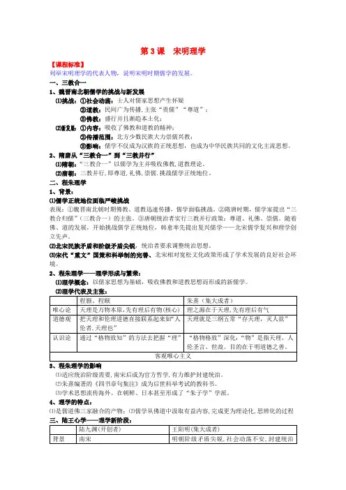 高考历史一轮复习提纲 宋明理学 新人教版必修3