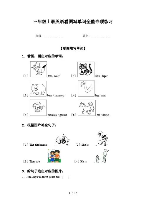 三年级上册英语看图写单词全能专项练习