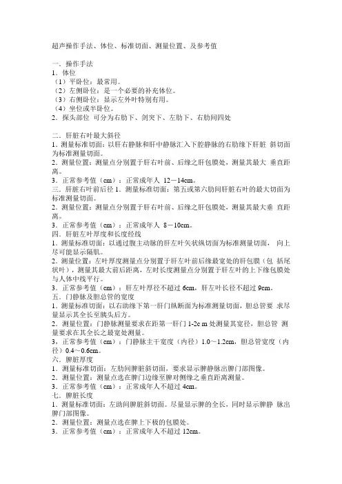 超声操作手法、体位、标准切面、测量位置、及参考值