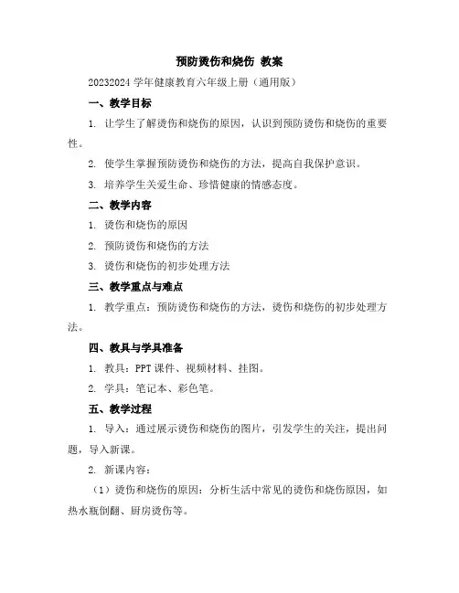 预防烫伤和烧伤教案2023-2024学年健康教育六年级上册(通用版)