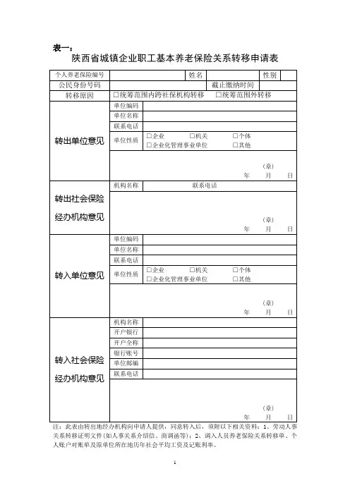 陕西省城镇企业职工基本养老保险关系转移申请表