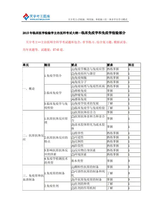 2015年临床医学检验学主治医师考试大纲—临床免疫学和免疫学检验部分