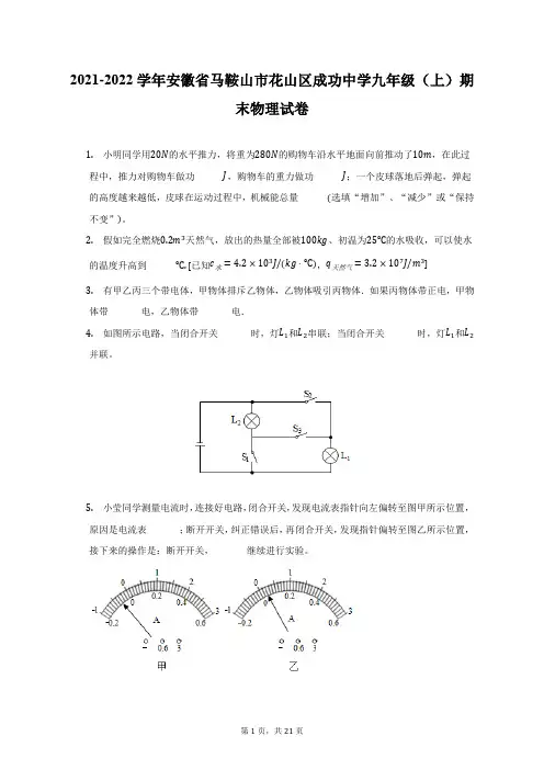 2021-2022学年安徽省马鞍山市花山区成功中学九年级(上)期末物理试题及答案解析