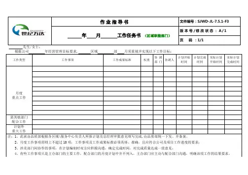 (区域职能部门)月度工作任务书任务书