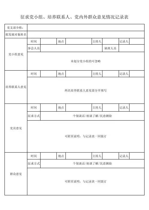 征求党小组 培养联系人 党内外群众意见情况记录表