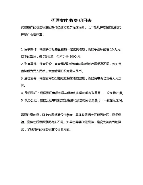 代理案件 收费 价目表