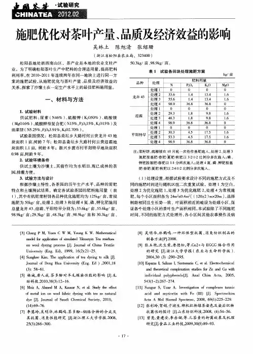 施肥优化对茶叶产量、品质及经济效益的影响