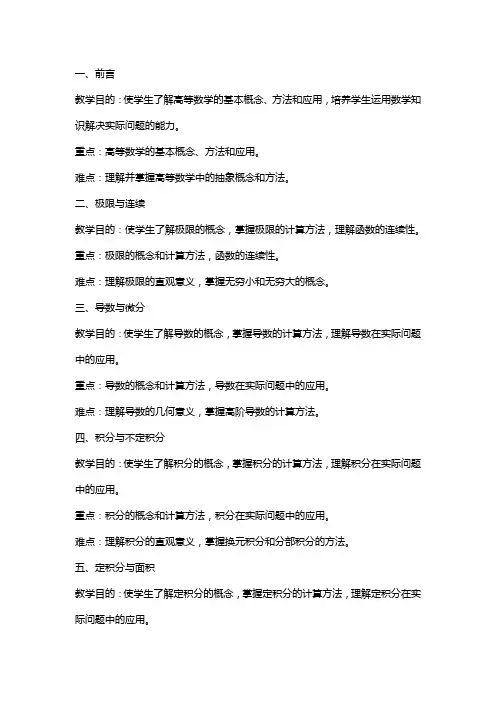 高等数学教案各章的教学目的、重点、难点