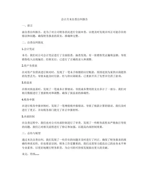 会计月末自查自纠报告