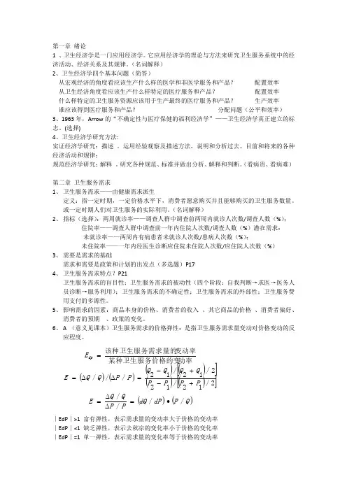 卫生经济学重点(医院管理)
