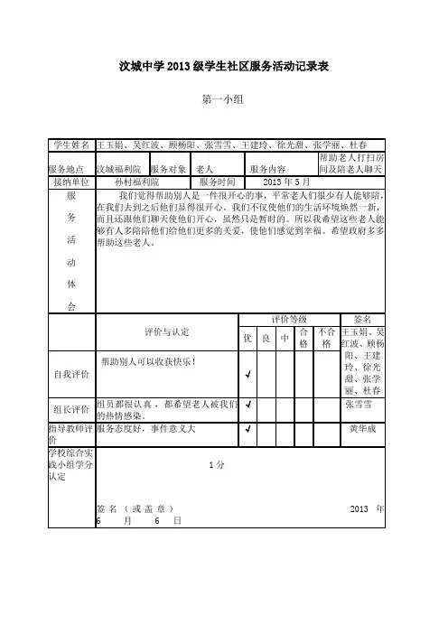 高2013届学生社区服务活动记录表