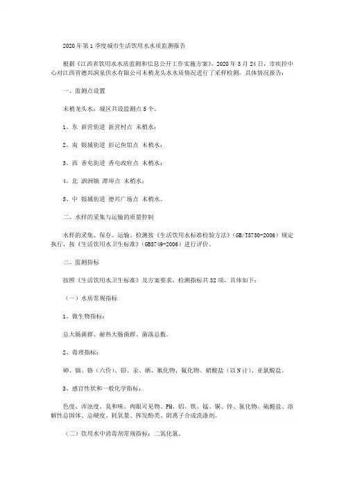 2020年第1季度城市生活饮用水水质监测报告