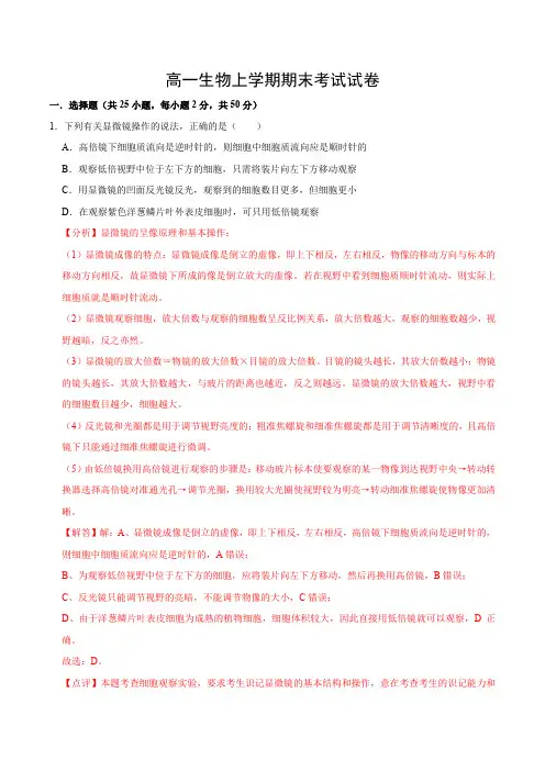 高一生物上学期期末考试试卷含答案