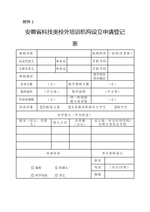 安徽省科技类校外培训机构设立申请登记表