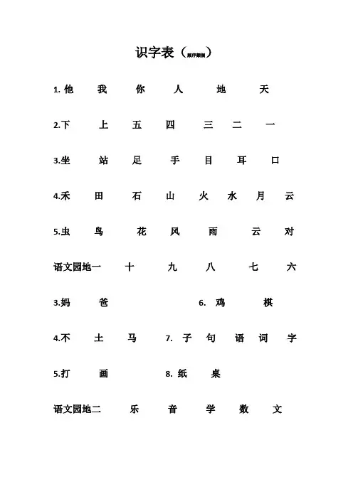 一年级语文识字表-大全