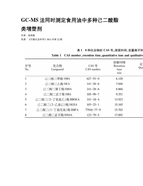 GC-MS法同时测定食用油中多种己二酸酯类增塑剂