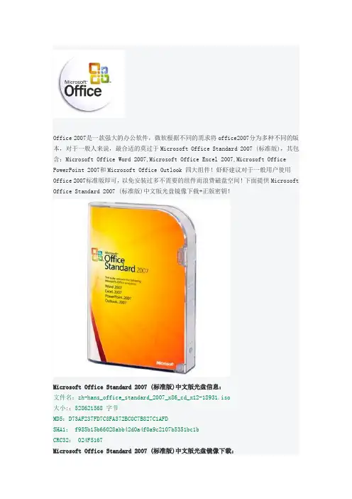 微软原版Office 2007 中文标准版光盘镜像下载  正版密钥