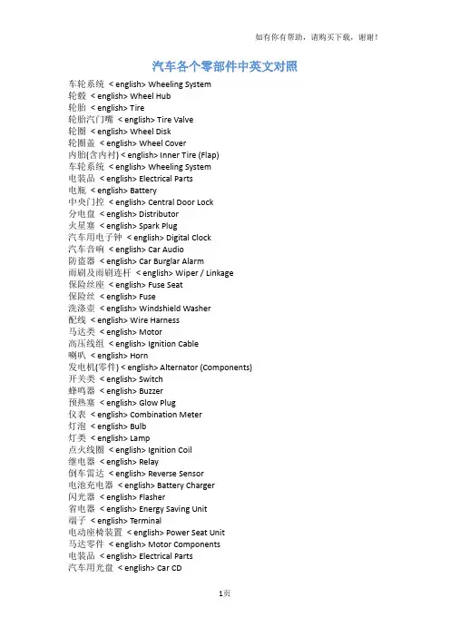 汽车各个零部件中英文对照