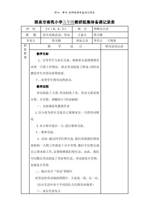 综合：劳动 教研组集体备课记录表