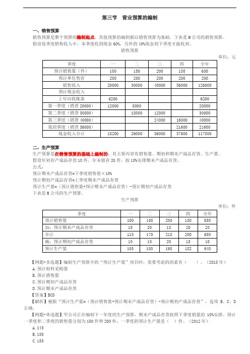 2020年注册会计师销售预算、生产预算、直接材料预算、直接人工预算、制造费用预算知识