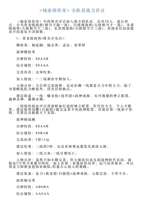 《杨家将传奇》全队员战力评点