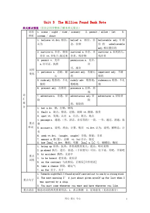 高中英语 Unit 3 The Million Pound Bank Note语言要点教案 新人教版必修3