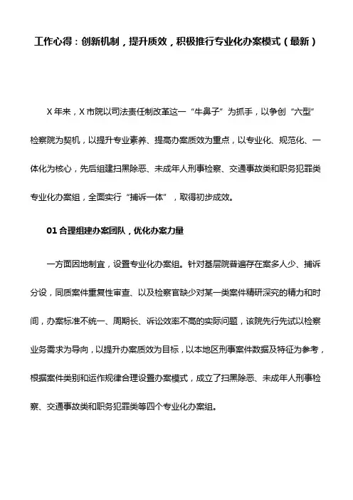 工作心得：创新机制,提升质效,积极推行专业化办案模式(最新)