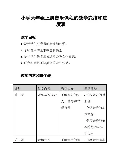 小学六年级上册音乐课程的教学安排和进度表
