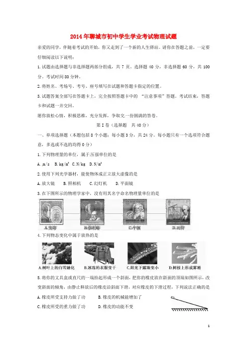 山东省聊城市中考物理真题试题(含扫描答案)