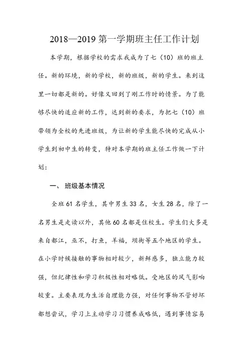 最新 2018-2019学期 班主任工作计划