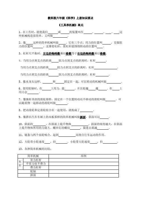 教科版六年级《科学》上册知识要点